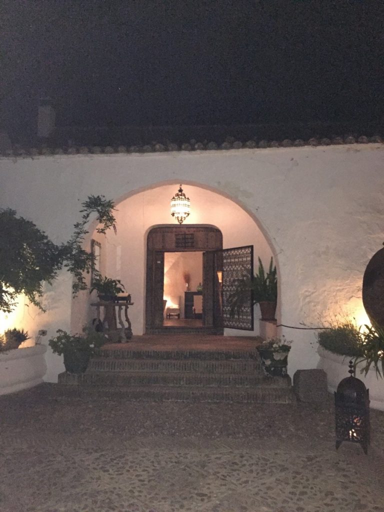 Nighttime view of front entry.