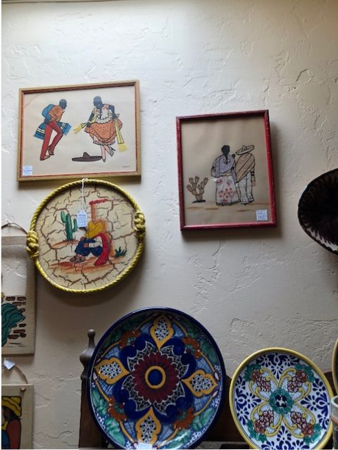 The top two pieces are early Mexican fabric paintings, regrettably not purchased by me.