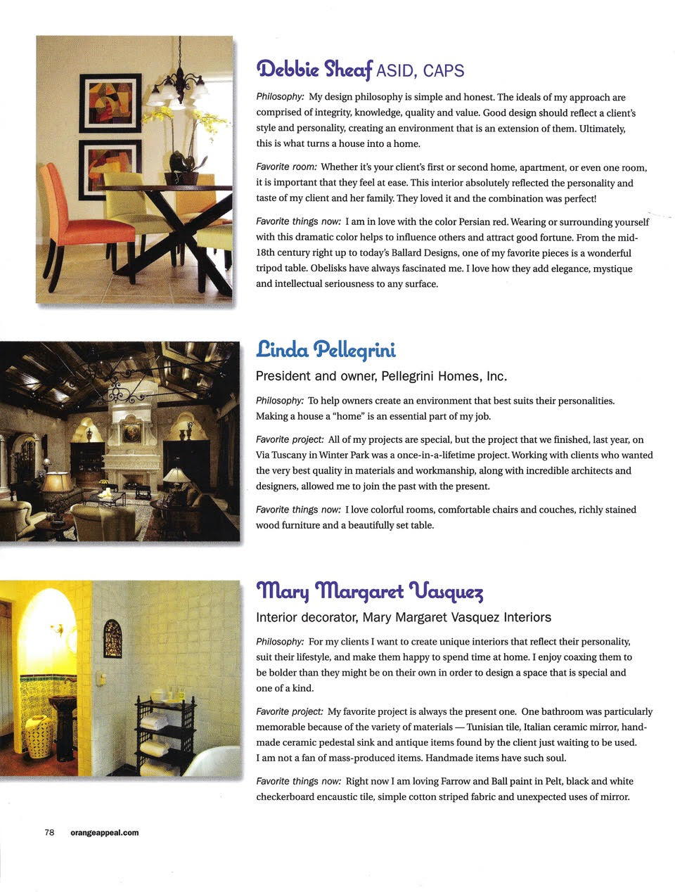 Orange Appeal magazine featuring local central Florida interior designers issue article - page 2 bios of 3 designers, including Mary Margaret Vasquez