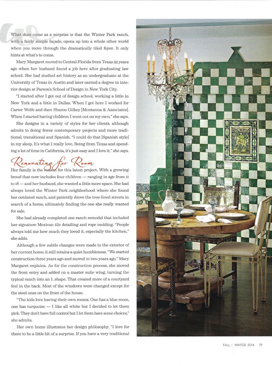 Unexpectedly Exotic article - page 2- design by interior designer Mary Margaret Vasquez - dining with wall tile
