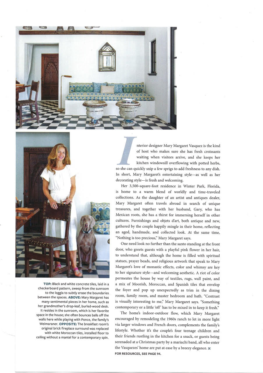 Colorful Character article - page 3- design by interior designer Mary Margaret Vasquez - living area and picture of Mary Margaret Vasquez and her dog